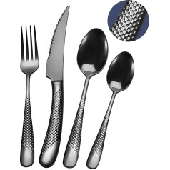 SHEUMNT 24-Piece Modern Hammered Black Cutlery Set with Ultra Sharp 2-in-1 Serrated Knife, Utensil Set Made of 18/10 Stainless Steel, Cutlery Set for 6 People, Knife Fork Spoon Set