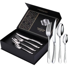 24 Piece Cutlery Set, Hammered Cutlery, Stainless Steel Knife Fork Spoon Cutlery Set for 6 People, Modern Silver Cutlery for Home/Restaurant/Party