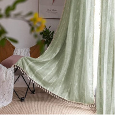 Nyescasa Boho Curtains, Country House Style, Cotton Linen Tassel Curtains, Green Vintage Embroidered Curtains with Eyelets, Translucent Curtains for Living Room, Bedroom, Decorative Curtain, 2 Pieces,