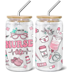 POTINAL CNA Glasbecher für Damen, Smoothie, Krankenschwester, Dekoration, Glasbecher, Milchglas, Bierglas, Schulkrankenschwester, Krankenschwestern, 473 ml, mit Deckel und Strohhalm, Dankeschön,