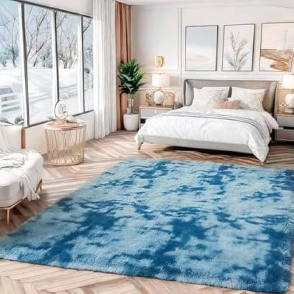 linyingdian High Pile Living Room Rug Long Pile Rugs for Living Room Fluffy Shaggy Bedroom Bed Rug Outdoor Carpet (Blue, 160 x 200 cm)