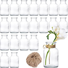 LOPYXBR Kleine Vasen für Blumen, 10,5 cm hoch, klares Glas, kleine Vasen für Tischdekoration, 125 ml, kleine Glasvase mit Jute-Schnur für Tafelaufsätze, Hochzeit, Zuhause, 20 Stück