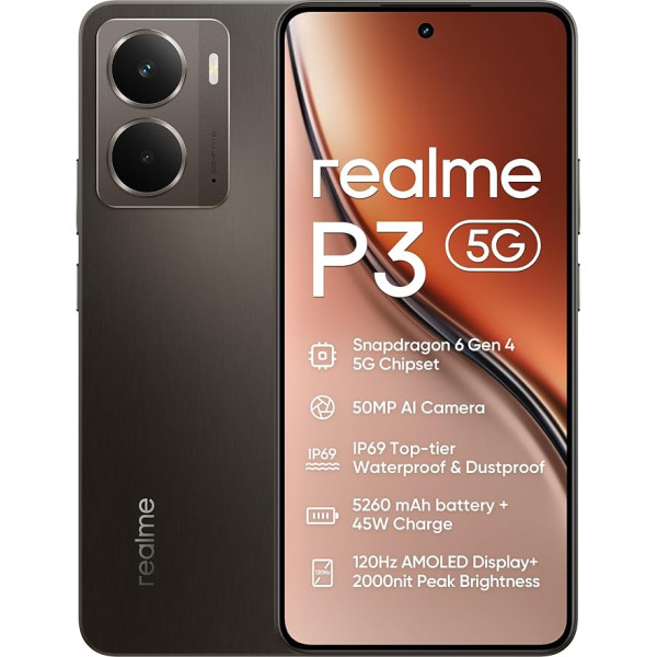 realme P3 5G Smartphone, 8 + 256 GB, 5260 mAh Battery, 45 W Charge, Snapdragon 6 Gen 4 Chipset, 50 MP AI Camera, 2000 nits Pro-Esports 120 Hz Display, IP69, Grey (No Adapter)