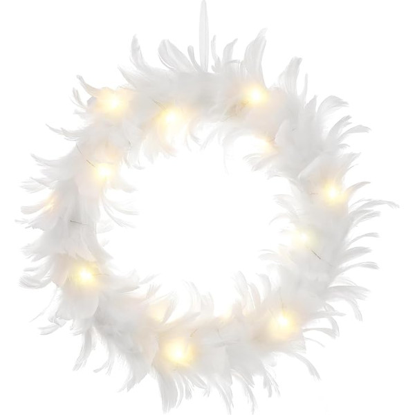 Uonlytech White Feather Garland. White Feather Wreath Christmas Wreath for Front Door Feather Wreath with LED Lights for Indoor Outdoor Halloween Party Decorations Christmas Wreath with Lights