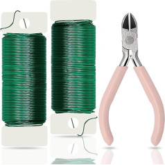 2 Spools of Green Florist Wire + 1 Piece Jewellery Tongs, 0.7 mm Baking Enamel Galvanised Flower Wire, DIY Floristry Wires for Wedding Wreaths, Christmas Wreaths, Flower Arrangement