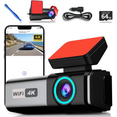 Dashboard Camera, Front 4K + Reverse 1080P Dual Dash Camera for Cars with Free 64GB Card, 5.8GHz WiFi, 360° Rotating Rear View Camera, WDR G-sensor, Night Vision, Loop Recording