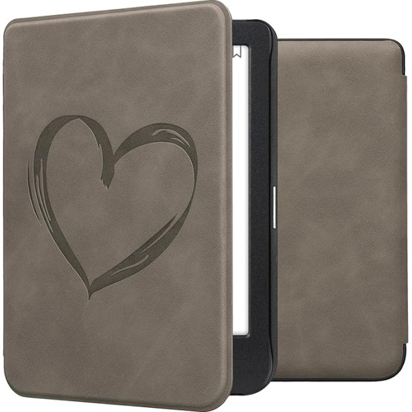 kwmobile Case Compatible with Kobo Clara BW/Clara Colour/Tolino Shine (5) / Shine Colour Case - Faux Leather Cover - Heart Brush Grey