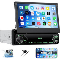 CAMECHO Car Radio 1 DIN with Bluetooth Radio Manual Extendable Display with Mirror Link FM/AM RDS Steering Wheel Control USB/AUX + Reversing Camera