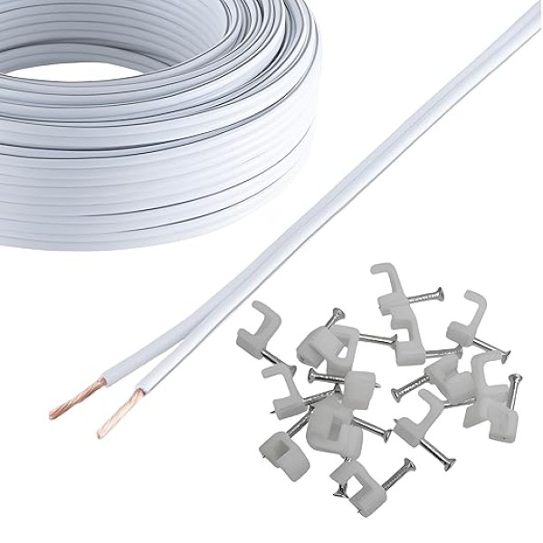 Reulin Litzen Speaker Cable 10 m Long Flat Speaker Cable 10.0 m for Home HiFi / Car Audio 0.75 mm² 24 x 0.2 CCA Speaker with Clamps White 10 m