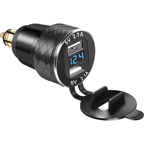 iMESTOU Aluminium DIN Hella USB Male to Dual USB Charger Adapter with LED Voltmeter Waterproof for 12V/24V BMW Ducati Motorcycles