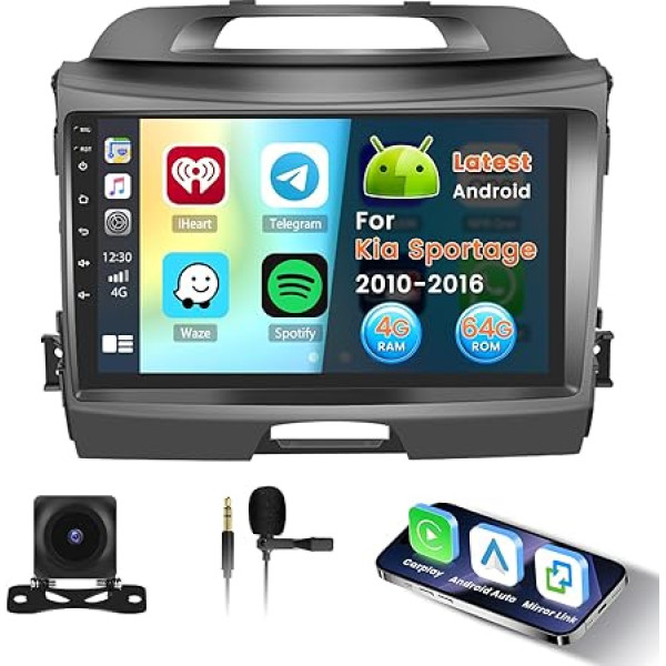 Inefala Android 15 Radio for Kia Sportage 2010-2016 with Wireless CarPlay 4+64G, 9 Inch Screen with Android Car DAB HiFi 59UI FM RDS GPS Bluetooth WiFi SWC AHD Rear View Camera