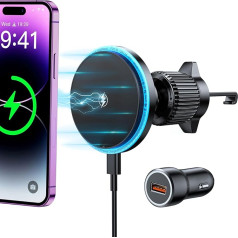 Rolgno MagSafe Car Mount Charger, Mobile Phone Holder Car with Charging Function, [Auto-Alignment Quick Charge] Magnetic Car Mount Compatible with iPhone 16/15/14 Series (QC3.0 Car Charger Included)
