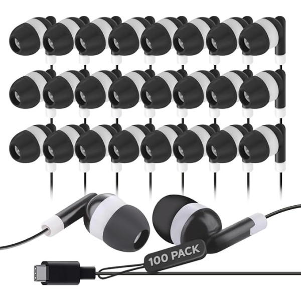 USB C Headphones for iPhone 16/15 Pro Max, Wired Earbuds Type C with Noise Isolation, USB C Earbuds for iPad Pro, Galaxy S23/S22/S21, Chromebook, MacBook, Pixel 7/6/5/4, Android, 100 Pack