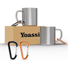 Yoassi Camping Mug, Stainless Steel, Set of 2, Thermal Cups with Carabiner, Double-Walled Insulated Cup, Coffee Cup, Drinking Cup, BPA-Free for Outdoor and Camping, 300 ml without Lid