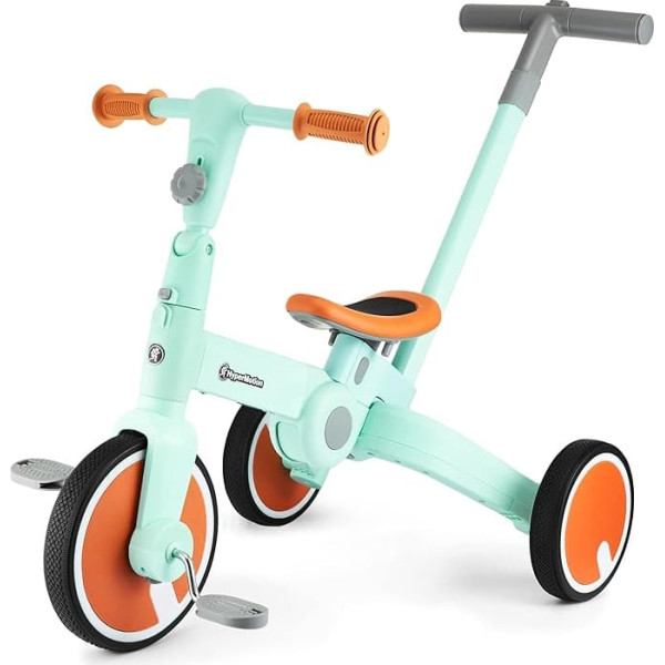 HyperMotion 5-in-1 Tricycle with Push Bar & Balance Bike - Convertible Bicycle from 2 Years, Children's Tricycle with Push Bar - Mint Green (Walker Aid, Two-wheeler)
