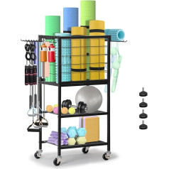 LIANTRAL Dumbbell Stand, Yoga Mat Storage with Wheels and Hooks, Multifunctional Fitness Equipment Storage Stand, Yoga Mat, Dumbbell Rack for Home Gym, Black