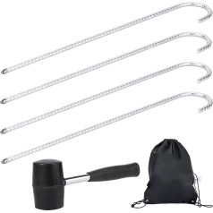 Ground anchors, set of 4, 42 cm, ground anchors, ground hooks, tent pegs for secure attachment, silver galvanised, plus rubber hammer and bag