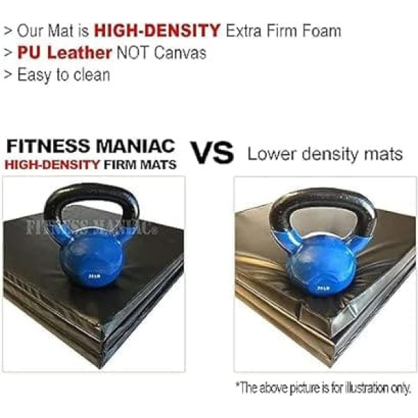 FITNESS MANIAC Trifold Thick Gym Mat High Density Firm Exercise Mat with Carry Handles for MMA Gymnastics Stretching Core Training Black