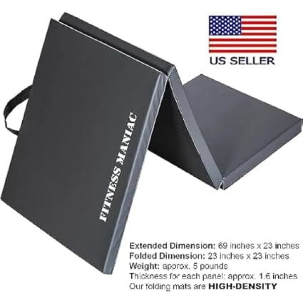 FITNESS MANIAC Trifold Thick Gym Mat High Density Firm Exercise Mat with Carry Handles for MMA Gymnastics Stretching Core Training Black
