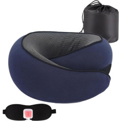 NMGHUTE Reisekissen Nackenkissen Memory Foam Reisekissen, Baumwoll-Flugzeug-Nackenkissen mit Augenabdeckung und Aufbewahrungstasche für Ohrstöpsel Nackenhörnchen(Navy Blue)