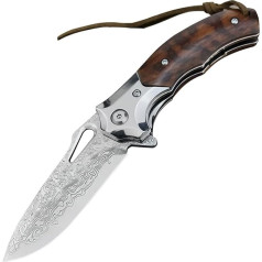 TABKER Damascus VG10 Folding Knife, Steel Blade, Serpentine, Wooden Handle, Folding Knife, Slim Folding Knife, Survival Knife, One-Handed Knife