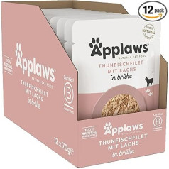 Applaws 100% Natural Wet Food for Cats, Tuna Fillet with Salmon in Broth - Pack of 12 x 70g Bags