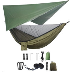 Camping Hammock Set, Single Double Hammock, Mosquito Net, Insect Net, Rain Fly, High Strength Parachute Fabric Hanging Bed, Suitable for Outdoor, Hiking, Camping, Travel (Army Green)