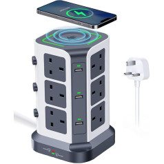Tower Extension Lead with Wireless Charger, [13A 3250W] Surge Protector, 12 AC Outlets & 6 USB Ports Multi Plug Socket Power Strip with Heavy-Duty Extension Cable 2 m