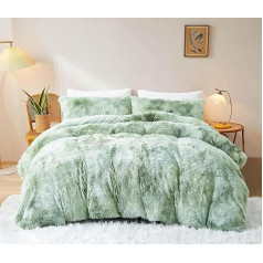 Sacebeleu Winter Bed Linen, Duvet Cover 135 x 200 cm and 1 Pillowcase 80 x 80 cm with Zip, Plush Long Hair Fluffy Flannelette Duvet Cover, Green, White, Winter Bed Linen, Colour Gradient, Warm