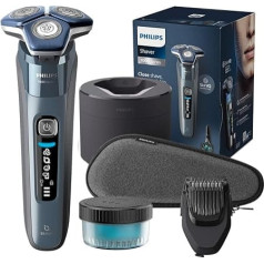 Philips Shaver S7000 – Elektrischer Nass-& Trockenrasierer in Eisblau mit 1 x integrierten ausklappbaren Trimmer, Barttrimmer-Aufsatz, Reinigungsstation , Reiseetui & Ladestation (Modell S7882/54)