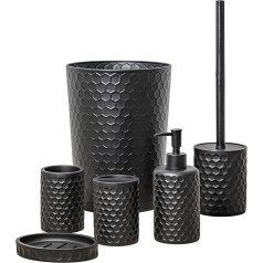 ZCCZ Bathroom Set - 6-Piece Organiser Set with Toilet Brush, Bin, Toothbrush Holder, Soap Dispenser, Soap Dish and Mug - Elegant Decoration in Black with Hexagon Pattern for Modern Bathroom