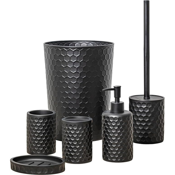 ZCCZ Bathroom Set - 6-Piece Organiser Set with Toilet Brush, Bin, Toothbrush Holder, Soap Dispenser, Soap Dish and Mug - Elegant Decoration in Black with Hexagon Pattern for Modern Bathroom