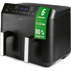 MAXXMEE Hot Air Fryer Double Basket 7.6 Litres Digital Double Hot Air Fryer with Two Chambers 2 x 3.8 Litres, Simultaneous Cooking of 2 Different Meals 6 Programmes [2400 Watt]