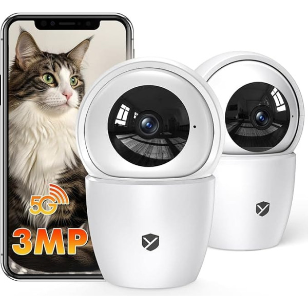 YESKANO 2K Indoor WiFi Surveillance Camera, 360° PTZ Baby Camera, WiFi 2.4G/5G, Automatic Detection of People, Animals and Siren (3MP-2 Pieces)