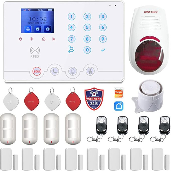 Wolf Guard W4Q-W03 WiFi + 4G Wireless Home Burglar Alarm System Kit Tuya Smartlife App with Siren Window Door Sensor Motion Sensor RFID German (White)