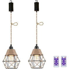 EcoGehen 2 x Boho Pendant Lamp with Battery Vintage Ceiling Light Without Power Connection Battery Operated Light Bulb Hanging Lamp Battery Pendant Light Batteries Ceiling Light Rattan Lampshade