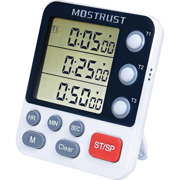 MOSTRUST Digital Dual Kitchen Timer, 3 Channels Count UP/Down Timer, Cooking Timer, Large Display Triple Timer, Stand, Battery Included (M318)