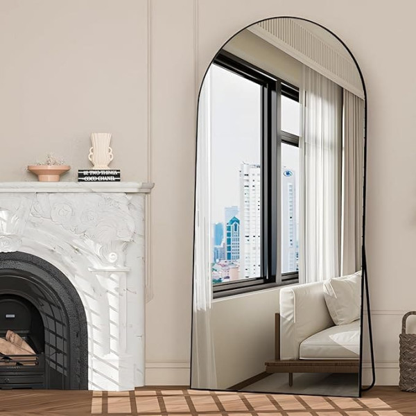 NEUWEABY Full Length Mirror 180 x 80 cm Curved Mirror Full Body Black Standing Floor Mirror with Stand Hanging or Leaning against the Wall for Bedroom Entrance, Living Room
