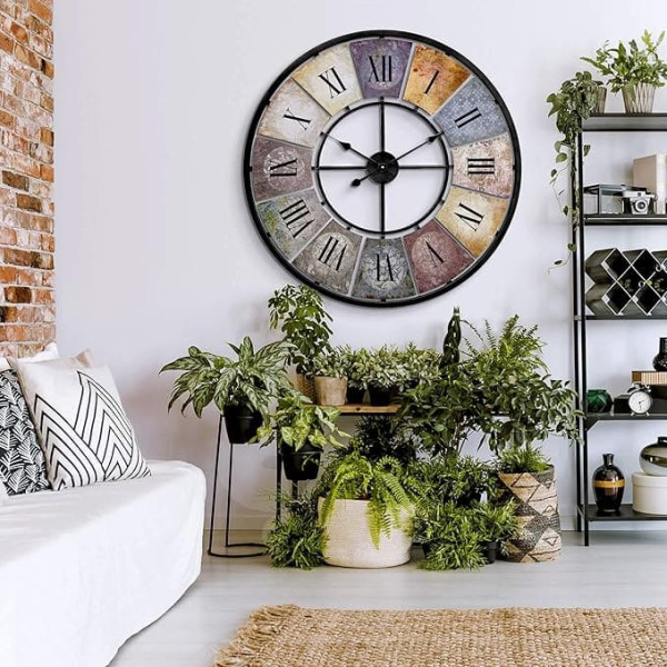 Large Vintage Wall Clock Retro XXL Antique Metal Clock Stainless Steel Large Shabby Chic Roman Numerals Large for Living Room Wall Diameter 80 cm (Metal Colourful)