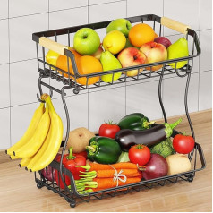 ANTOPY Fruit Basket, 2-Tier Fruit Basket Stand with Banana Hanger, Kitchen Worktop Vegetable Rack, Kitchen Metal Bowls Stand Holder for Fruit Vegetables Bread Snacks Black