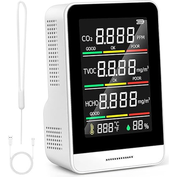 5-in-1 Indoor Air Quality Monitor, Air Pollution Monitor with CO2, HCHO, TVOC, Temperature and Humidity, Real-time Data Recording, Compact, Portable
