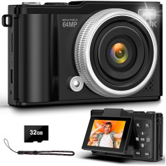 4K 64MP Digital Camera with 32GB TF Card, 180° Rotation Screen, Auto Focus Camera with Macro Function and 16x Digital Zoom, Compact Camera with USB Cable for Teenagers, Boys, Girls, 8-16 Years