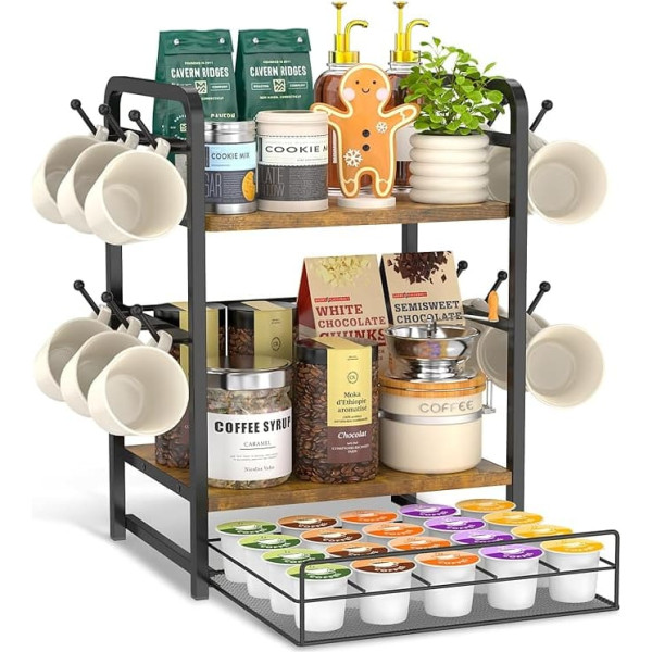 EsLuker.ly 3-Tier Cup Holder and Cup Rack, Cup Stand for Coffee Cups with 12 Hooks, Coffee Shelf Organiser for Counter, Coffee Bar Organiser with Cups Shelf, Cup Holder Standing