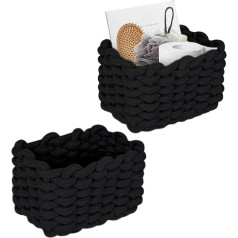 Storage Basket, Pack of 2 Braided Cotton Knitting Baskets, 19 x 15 x 12 cm, Cotton Bathroom Basket, Braided Black, Cotton Rope Braided Baskets, for Skin Care Product