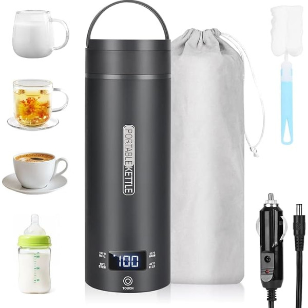 Dreamhigh Travel Kettle, 450 ml Mini Kettle, 96 W Small Stainless Steel Kettle, Car Kettle, On the Go Heating, Automatic Shut-Off for Tea, Coffee, Baby Milk Car (12 V) (Black)