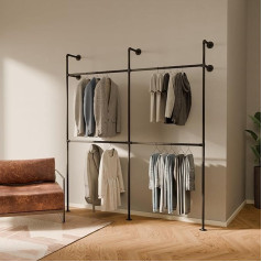 pamo Clothes Rail Wall Mounted 300 kg Load Capacity – Open Wardrobe or Clothes Rack Industrial Black Metal Water Pipes