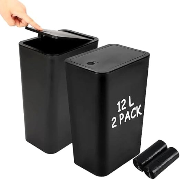 MUXHEL Bathroom Trash Can with Lid, 12.5L Large Push Button Plastic Kitchen Bucket with Lid, Touch Top Slim Bedroom Bin with Lid, Trash Can, Toilet Bucket for Bedroom