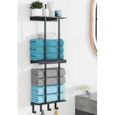 VOTZAAQ Bathroom Towel Rack, Upgraded 3-Tier Towel Rack with Metal Shelf and 4 Hooks, Guest Towel Holder for Large Towels, Towel Storage, Towel Rail Black, 86 cm