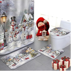 APROPHIC Set of 4 Christmas Shower Curtain Set with Christmas Snowman Art, Vintage Winter Shower Curtain with 12 Hooks, Toilet Lid, U-shaped Rug, Bath Mat and Rugs, Washable