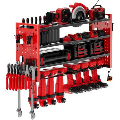 Jellybibo 4 Tier Tool Storage Wall Mount, Large Metal Garage Tool Organiser for 8 Impact Drills, Workshop Tool Rack with Screwdriver Holder and Hook, 81 x 42 x 20 cm